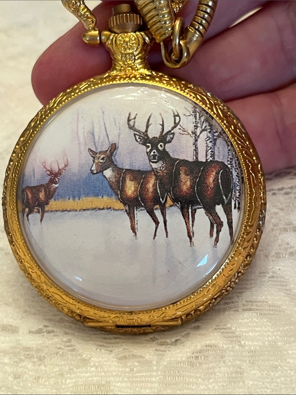 Gold-Tone Deer Pocket Watch Pendant with Scenic Enamel